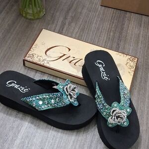Grazie Black and Teal Embellished Sandals